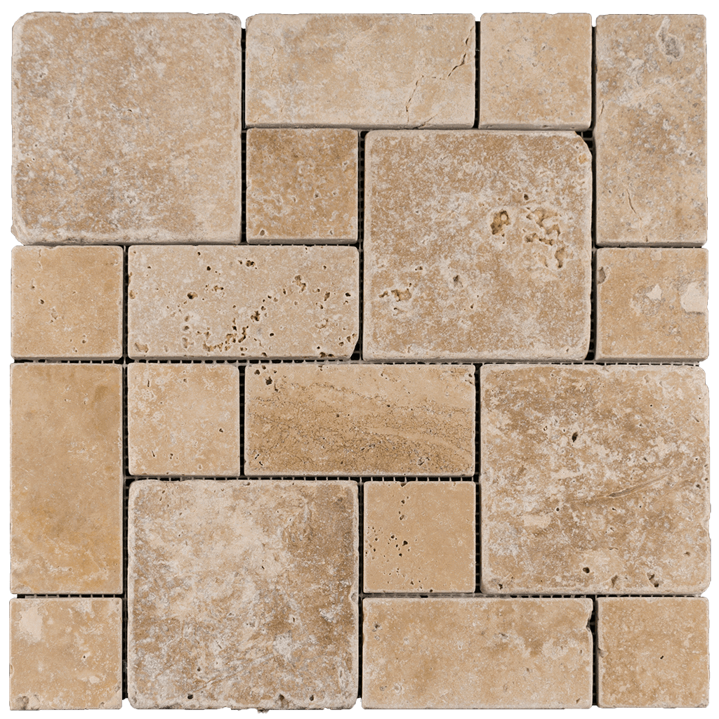 Rome Tile & Marble Walnut Travertine Mosaic Tile Mini Roman Pattern - Tumbled natural stone product showcase in Los Angeles
